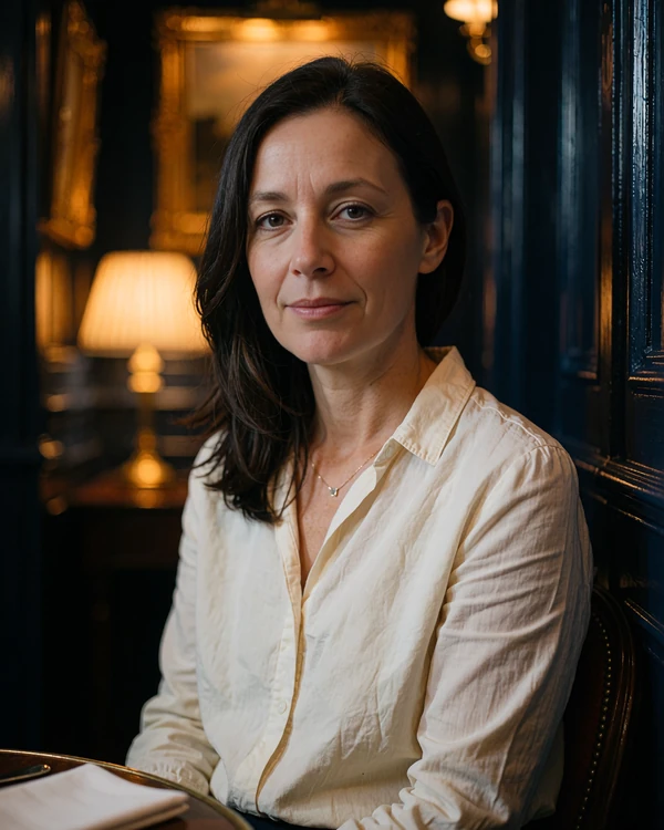 Brunette woman in her early forties in a cream blouse, a verified MatureSearch profile photo for mature singles near me