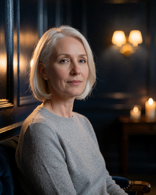 Platinum-blonde woman in a grey sweater, calm verified profile photo on MatureSearch for discreet local dating