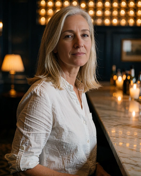 Ash-blonde woman in a white shirt at a bar counter, a verified MatureSearch member photo for mature singles nearby