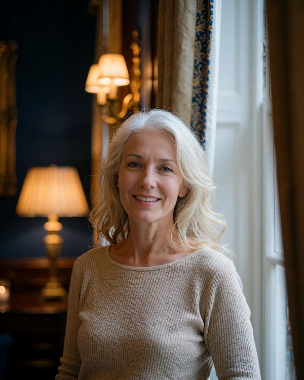 Silver-blonde woman by a window in a beige knit top, verified profile photo on the MatureSearch senior dating site