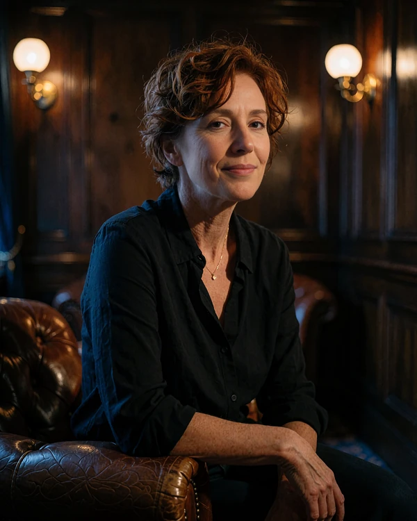 Auburn-haired woman in a black shirt relaxing in a lounge chair, a verified MatureSearch profile for local dating